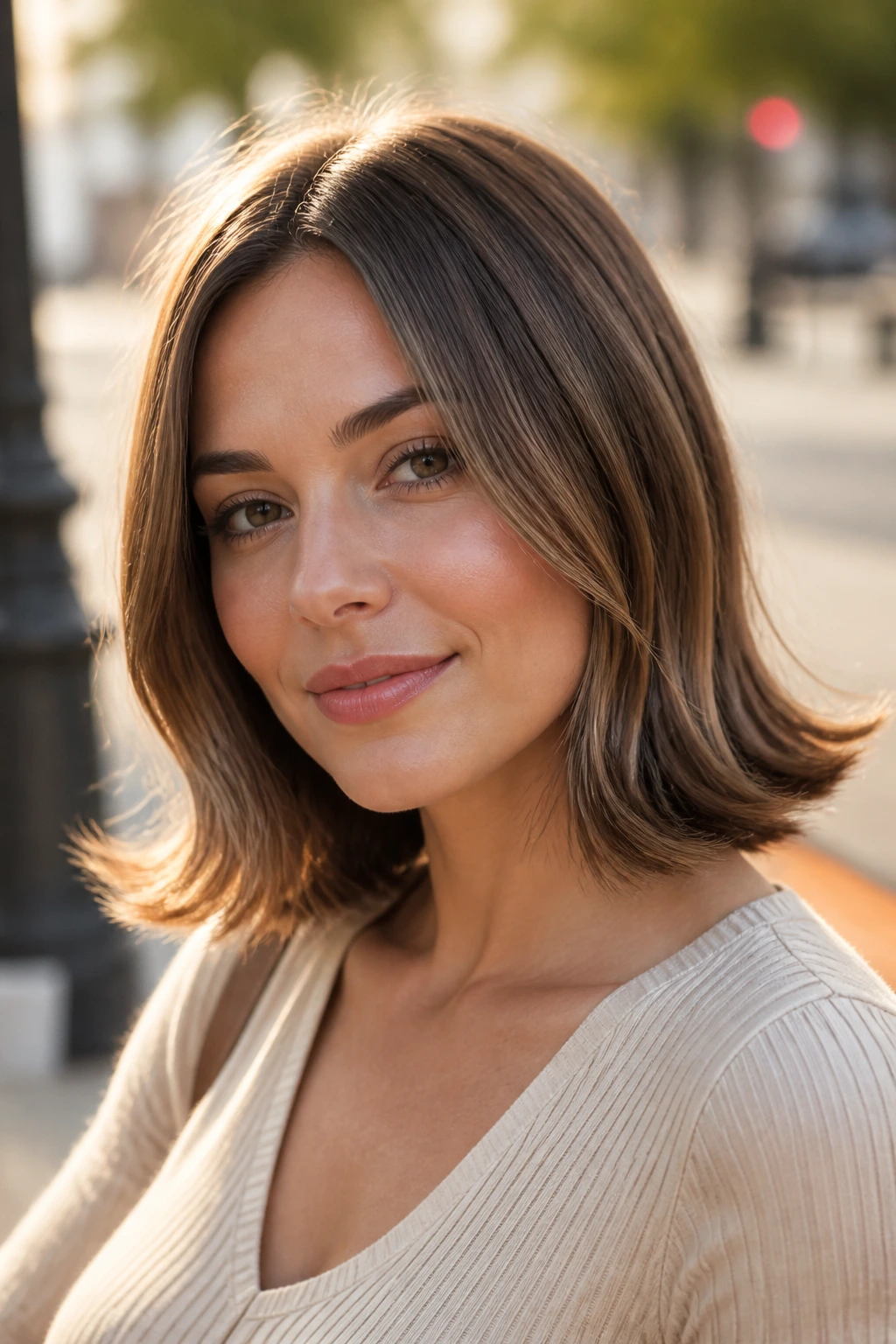 Portrait of a real woman with flipped-end lob under natural outdoor light