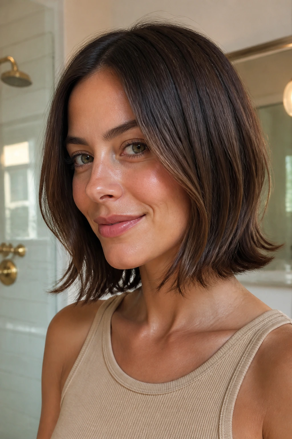 Portrait of real woman with flipped-end lob showing outward curl at the ends