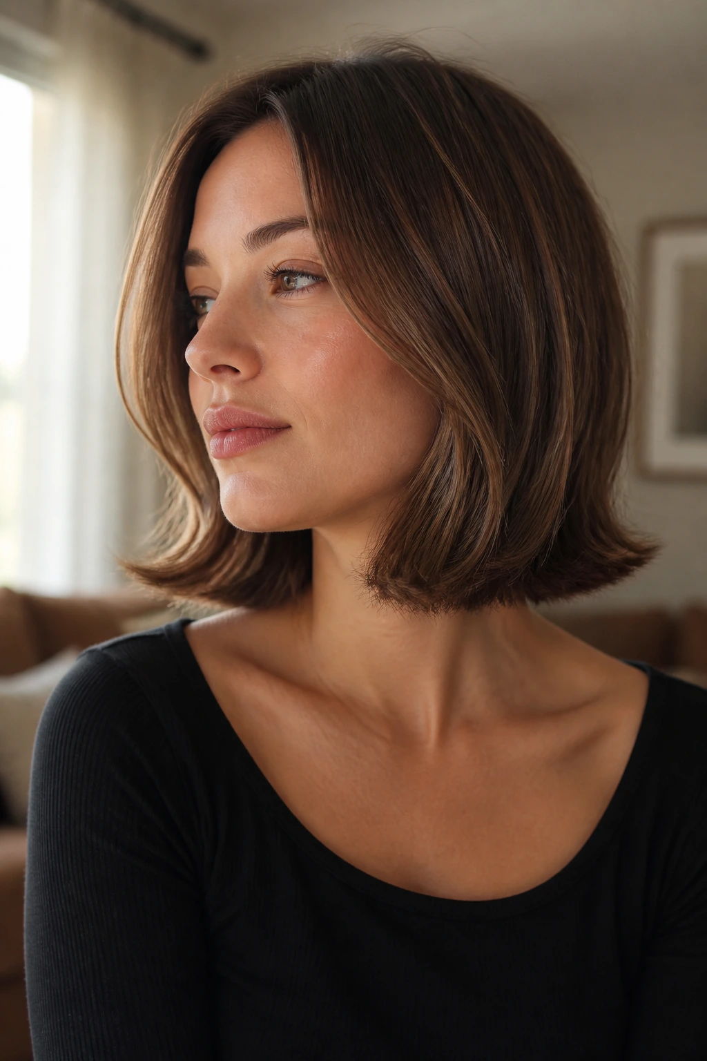 Close-up portrait of a real woman with a flipped-end lob hairstyle showing a subtle bend at the ends