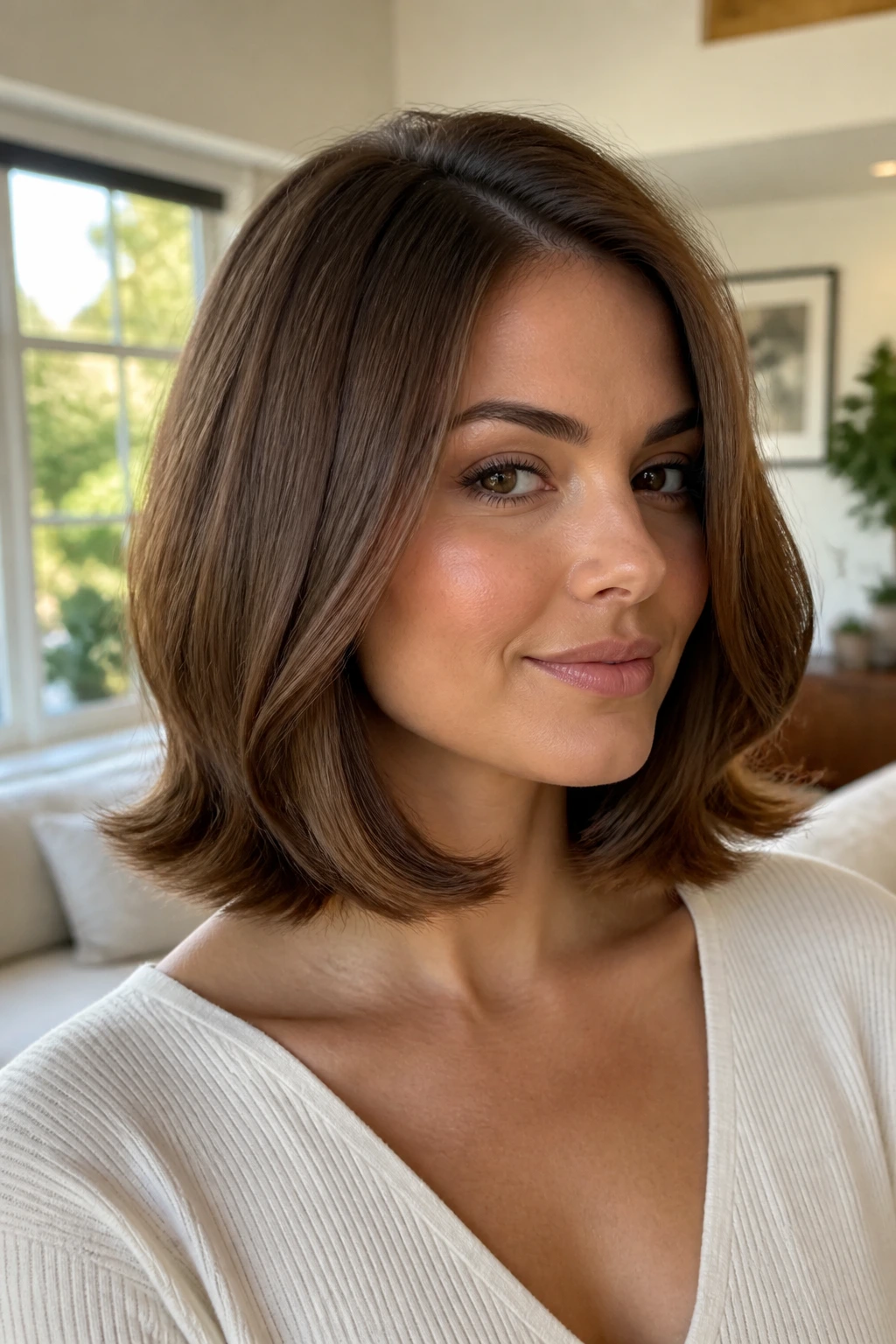 Close-up of a real woman's flipped-end lob hairstyle