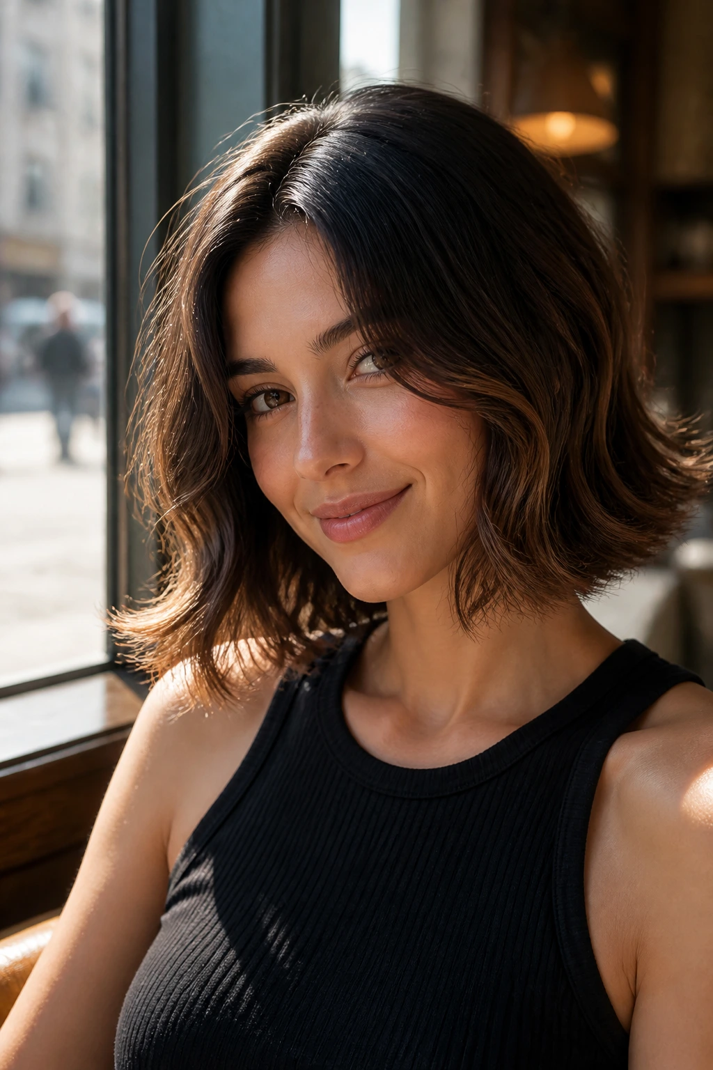 Close-up portrait of a real woman with The Flipped-End Lob showing outward-flipped ends and soft waves