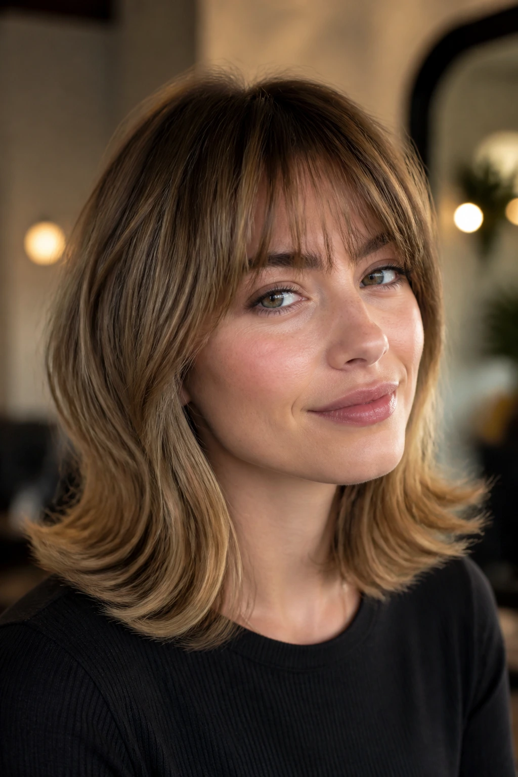 Real person with flipped-end midi and textured bangs in urban interior light.