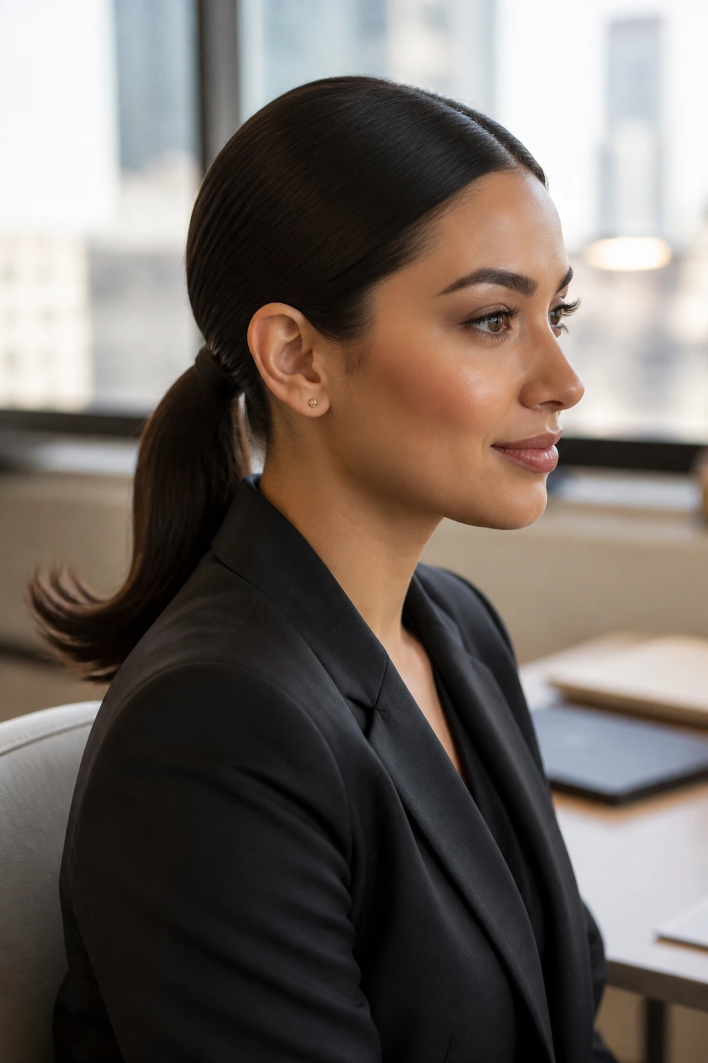 Portrait of a person with flipped-end ponytail in office lighting.