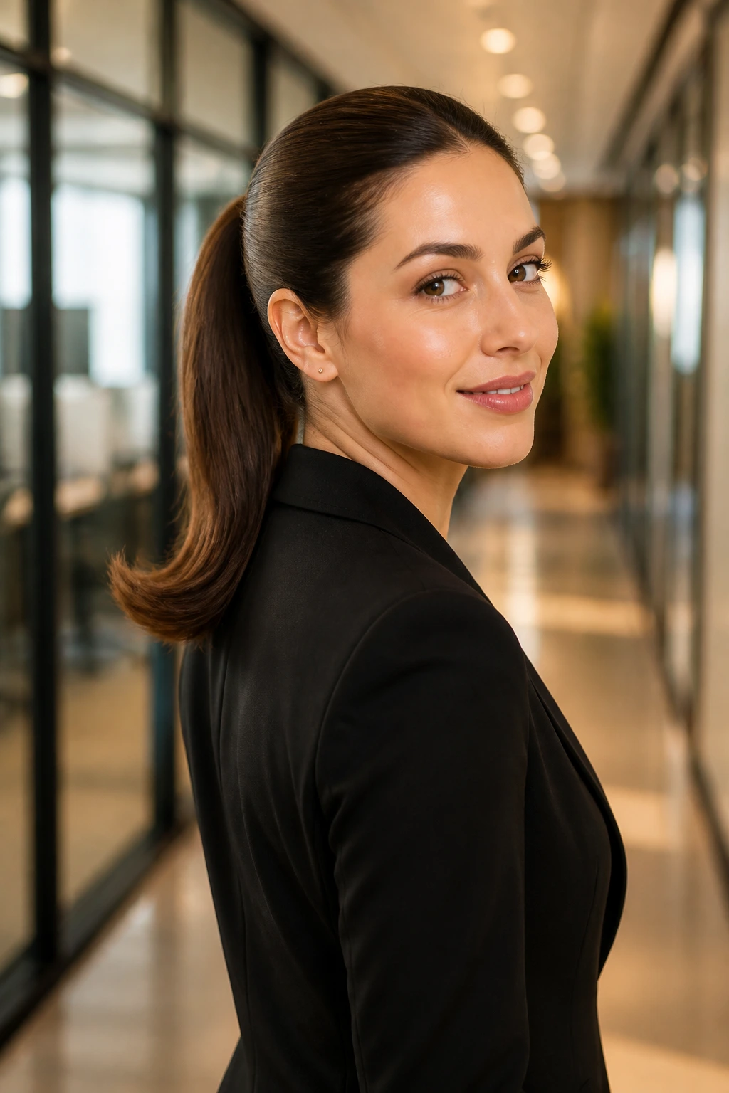 Three-quarter view of a real woman with a Flipped-End Ponytail in an office.