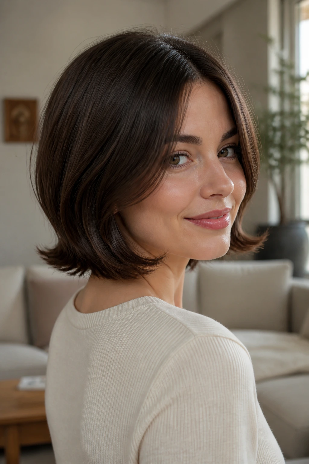 Portrait of a real woman with a flipped-end retro bob in soft natural light.