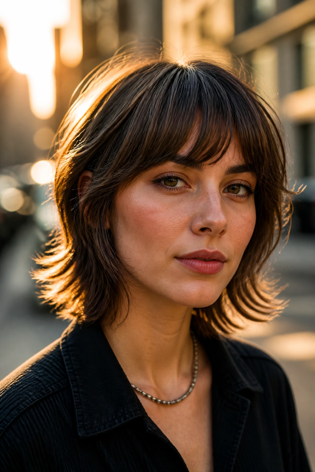 Close-up portrait of a real person with flipped-end shag and arched fringe