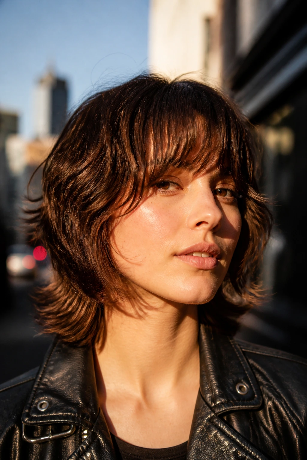 Real woman with flipped-end shag and brows-skimming fringe in urban golden hour light