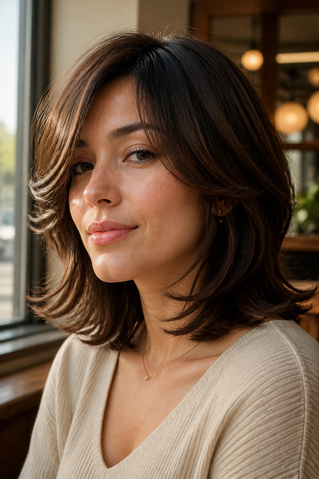 Close-up of a real woman with flipped-end shag at collarbone length