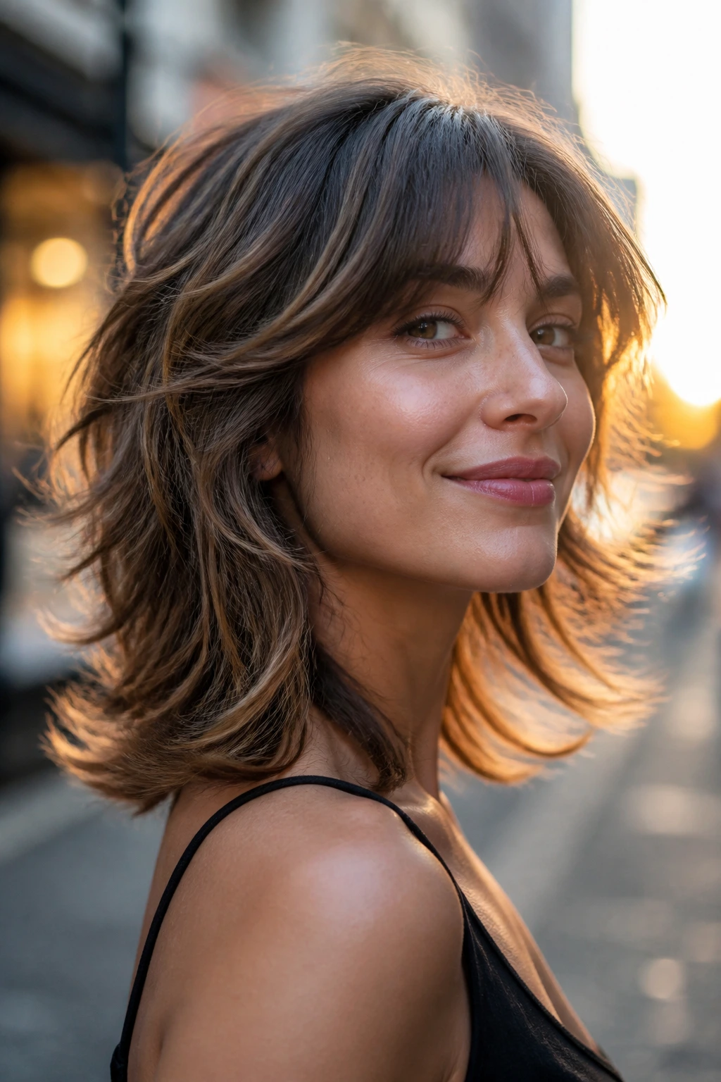 Close-up portrait of a real woman with flipped-end shag and loose bangs on a city street at golden hour