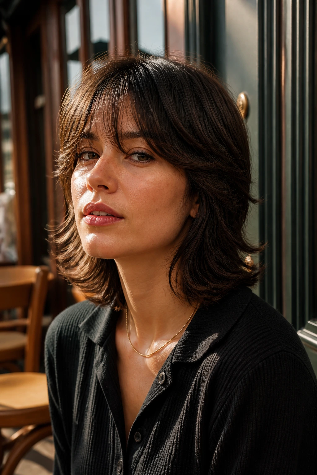 Portrait of a person with flipped-end shag showing outward ends under the chin