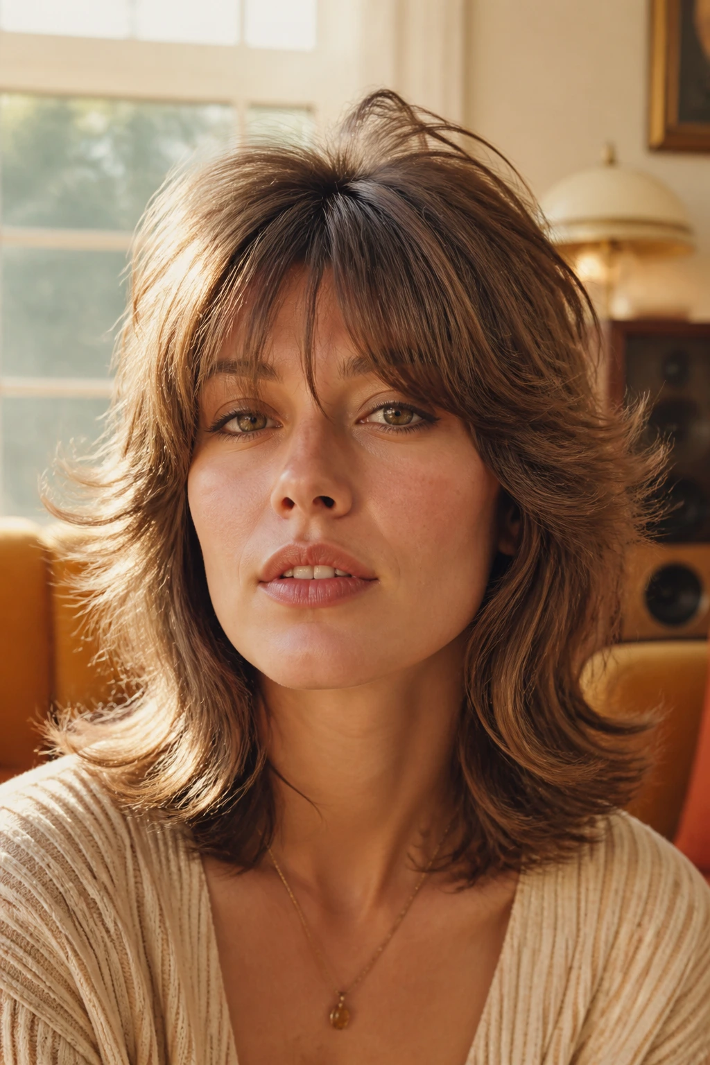 Close-up of a woman with flipped-end shag in a sunlit retro living room