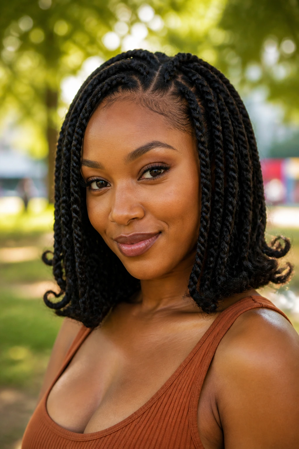 Close-up of a woman with shoulder-length spring twists ending in a flip, outdoors.