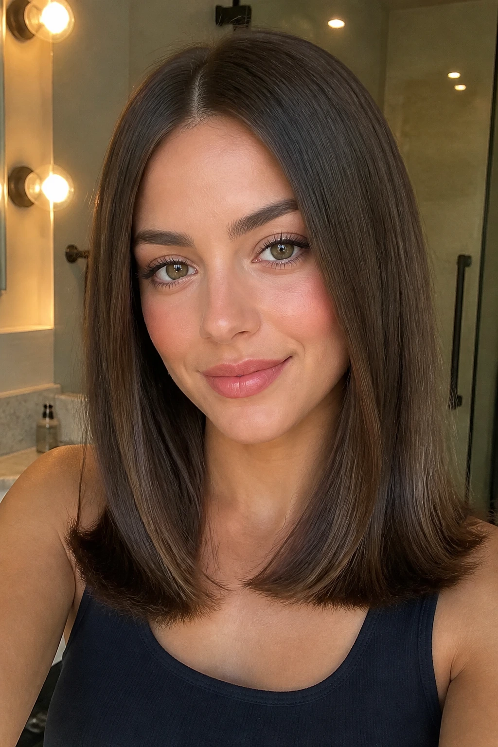 Real woman with straight hair ending in a gentle outward flip, close-up