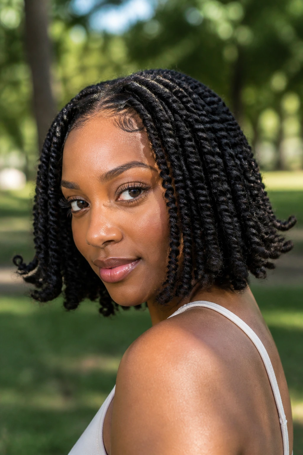 Close-up of a real woman with flipped-end twists in a sunny outdoor setting