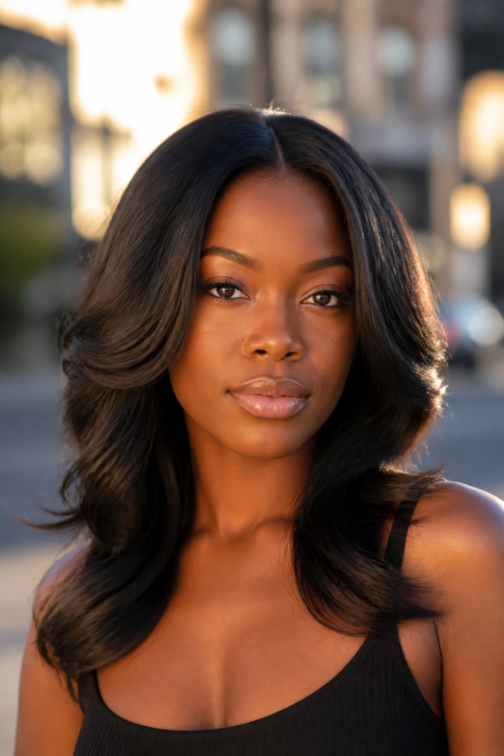 Close-up of a real woman with flipped-end waves and a soft middle part.