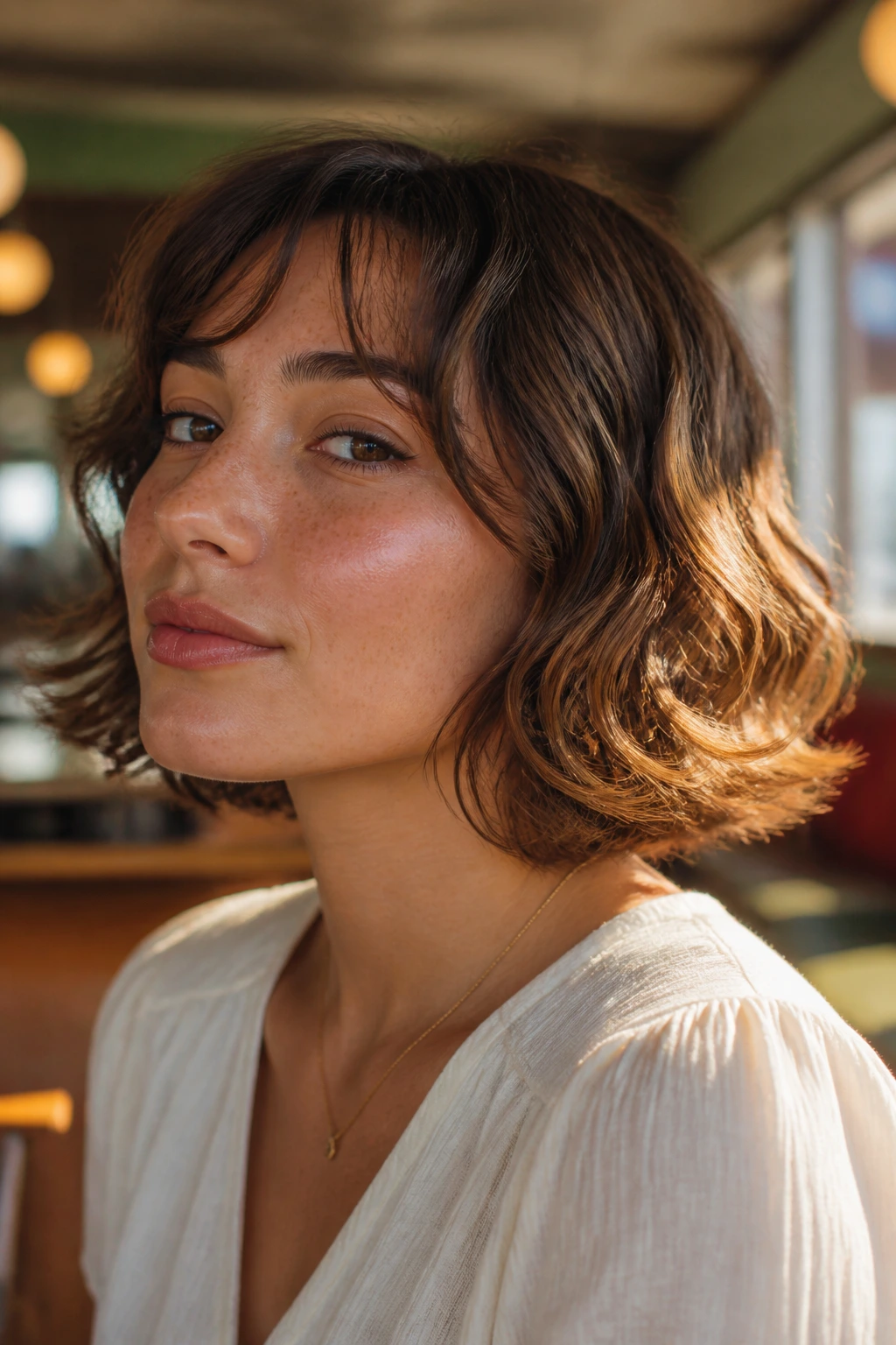 Close-up of short hair with flipped-end waves on a real person