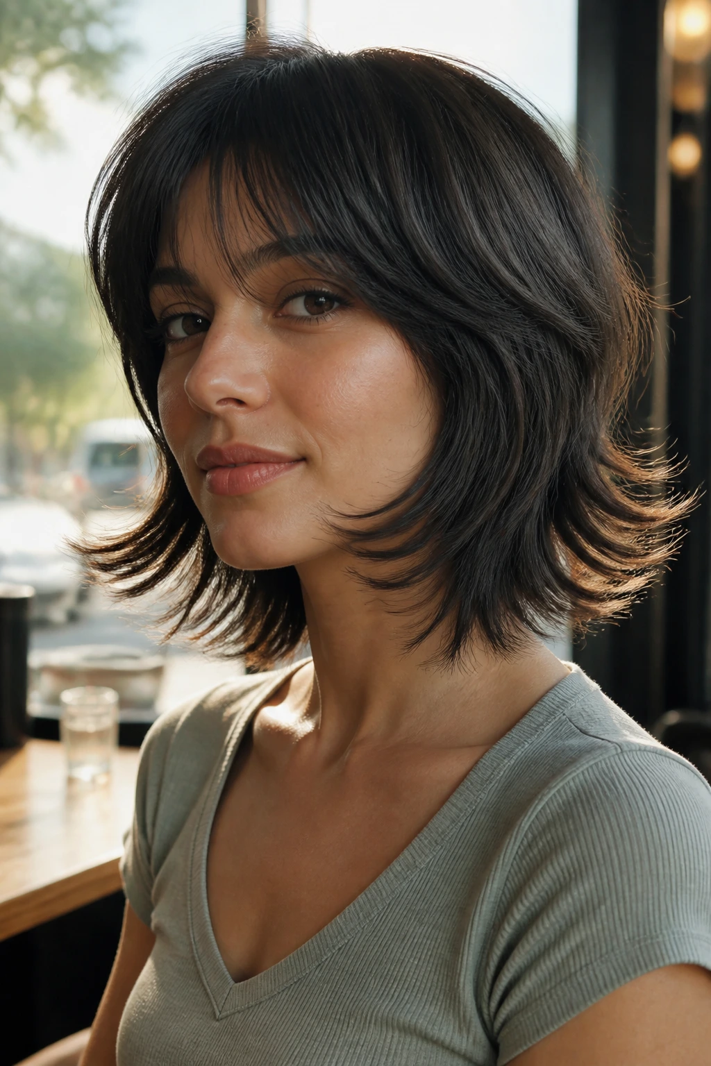 Close-up of a real person with a flipped-end wolf cut in a sunlit cafe