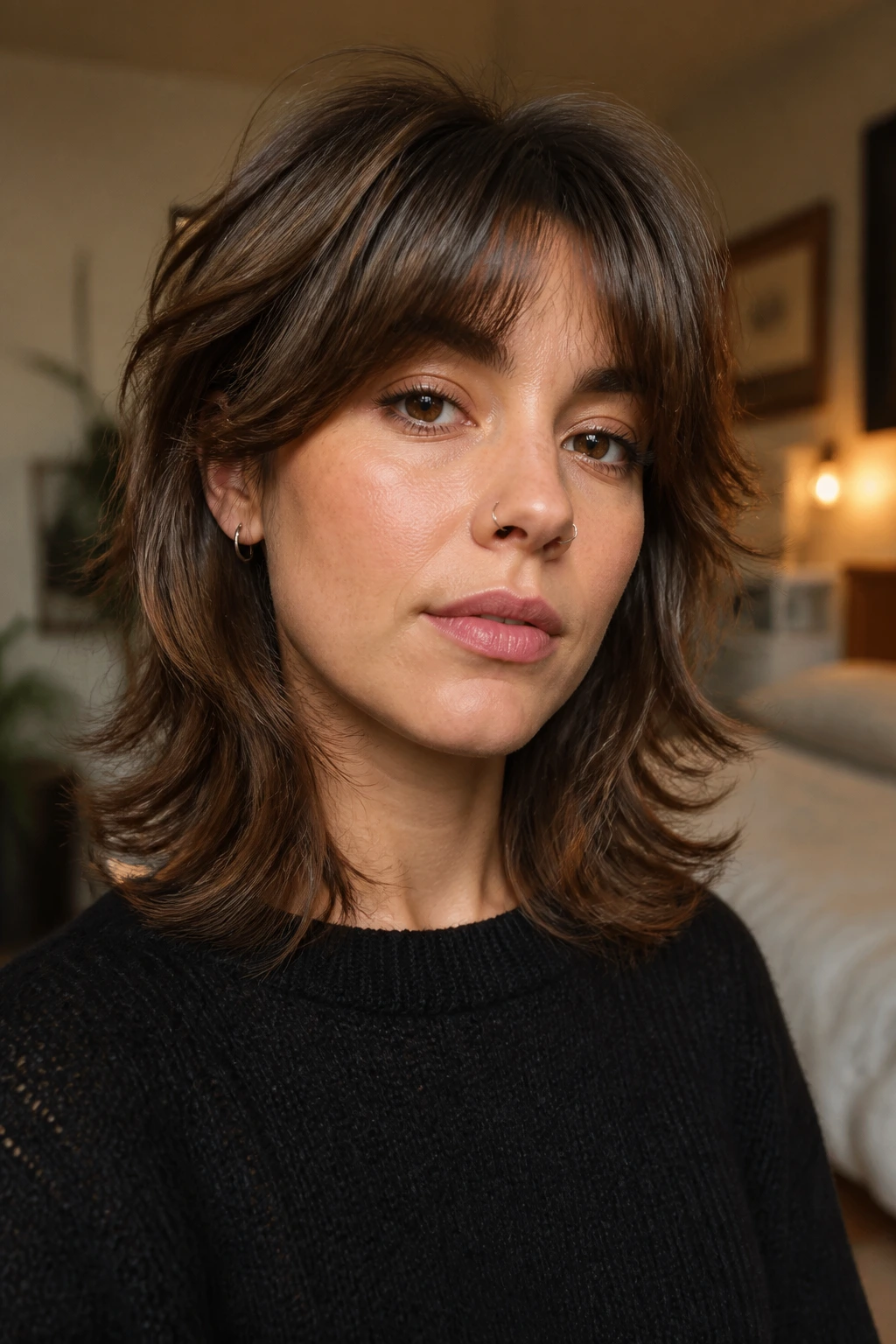 Portrait of a real person with flipped-end wolf cut.