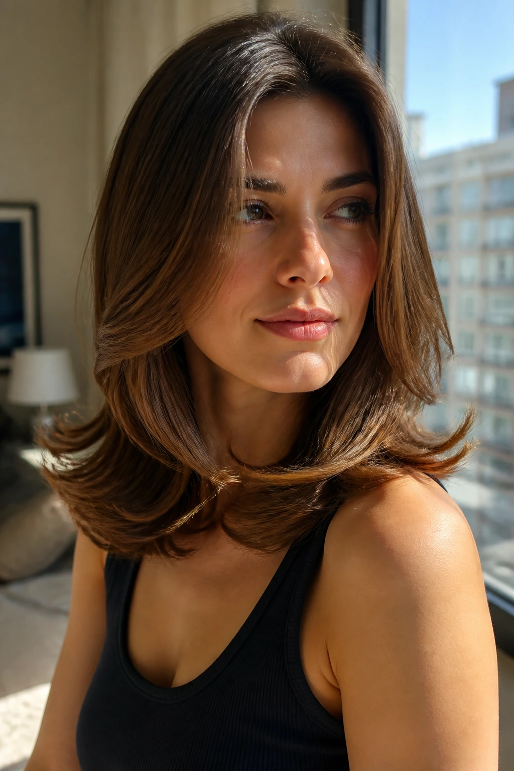 Portrait of a real person with flipped-ends blowout showing outward-curved ends.