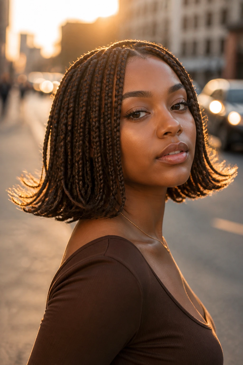 Close-up portrait of a real woman with flipped-ends box braids
