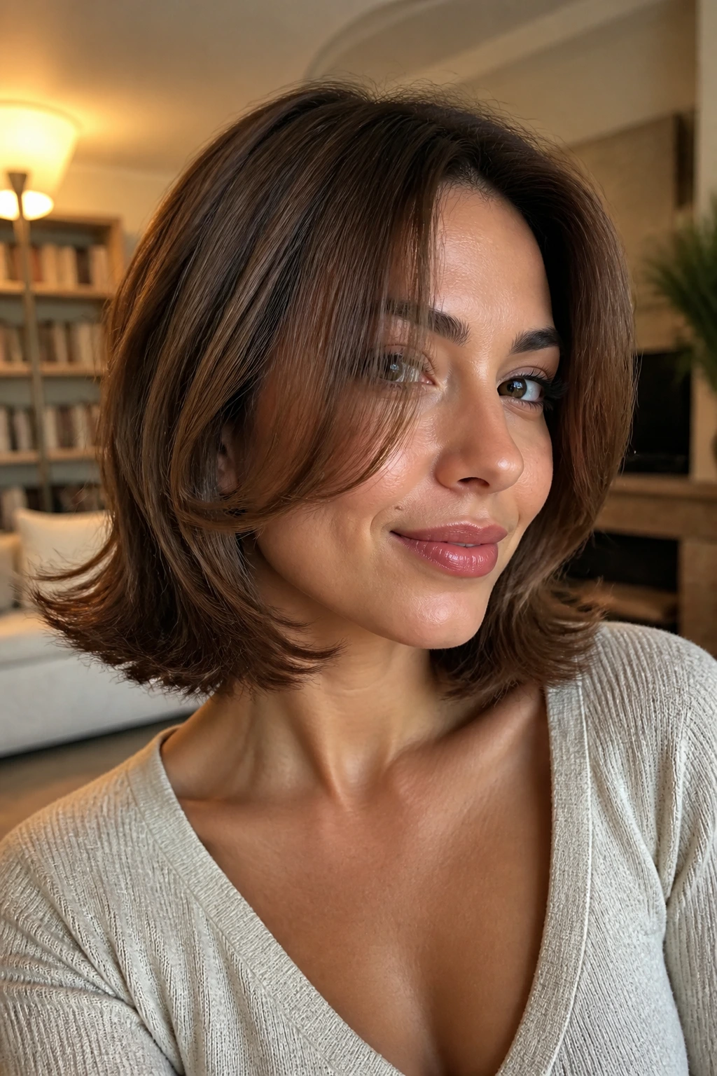 Portrait of a real woman with flipped ends framing the face