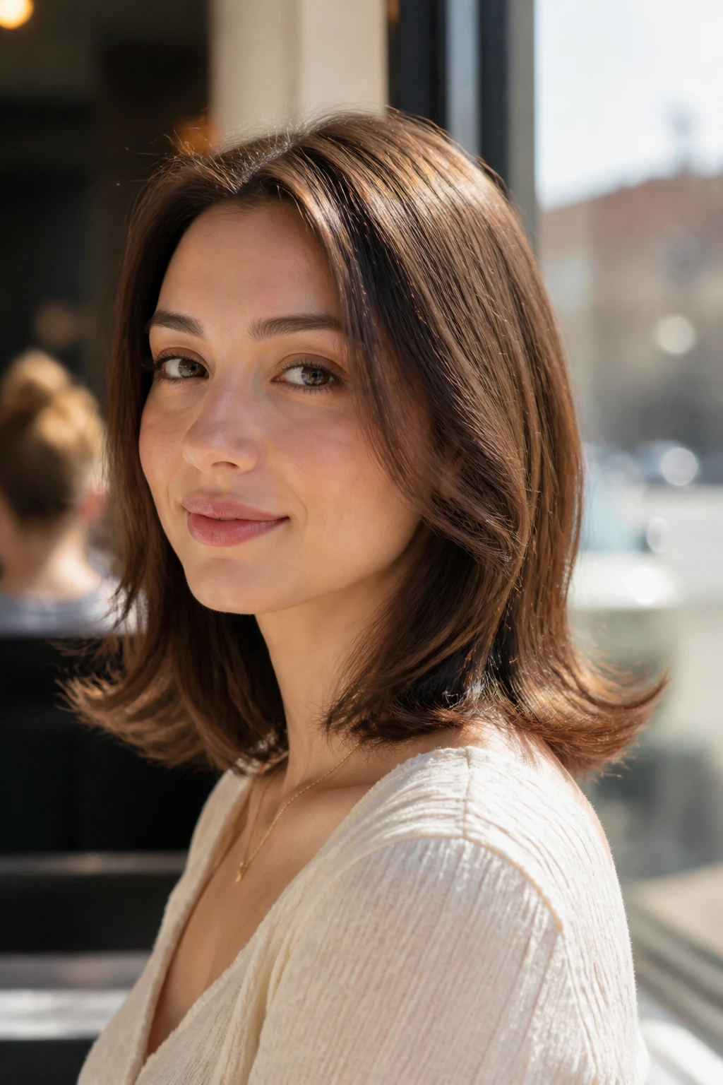 Portrait of a woman with a flipped-end medium cut in a cafe light.
