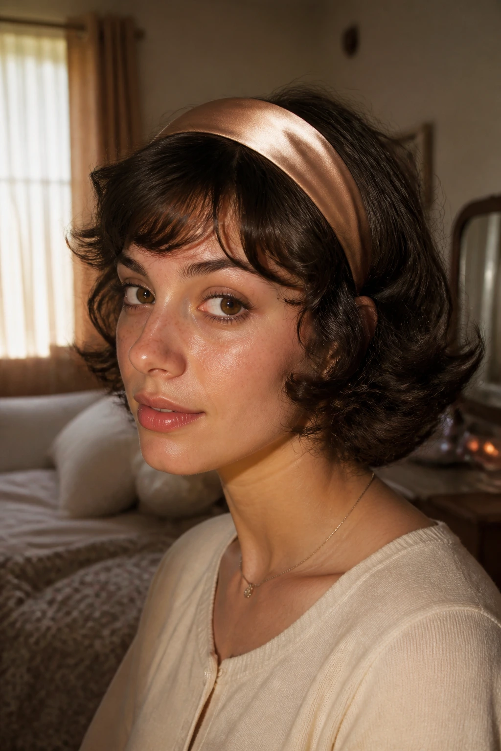 Portrait of a person with flipped-out hair ends and a satin headband