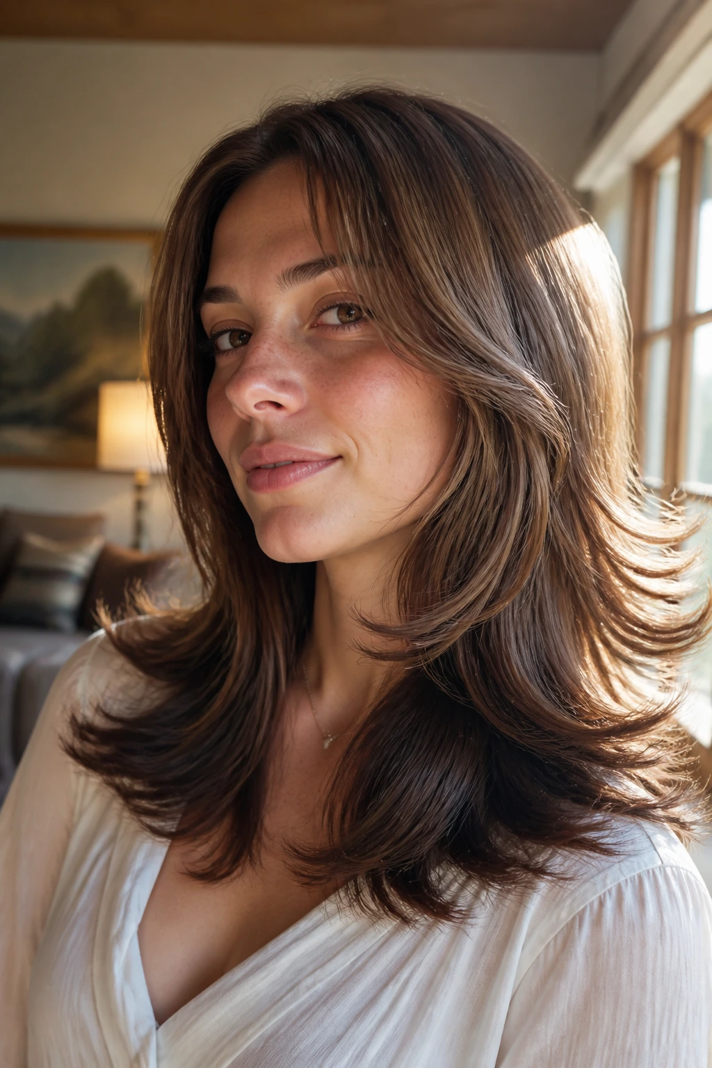 Close-up of a real woman with outward-flipped ends on long layered hair