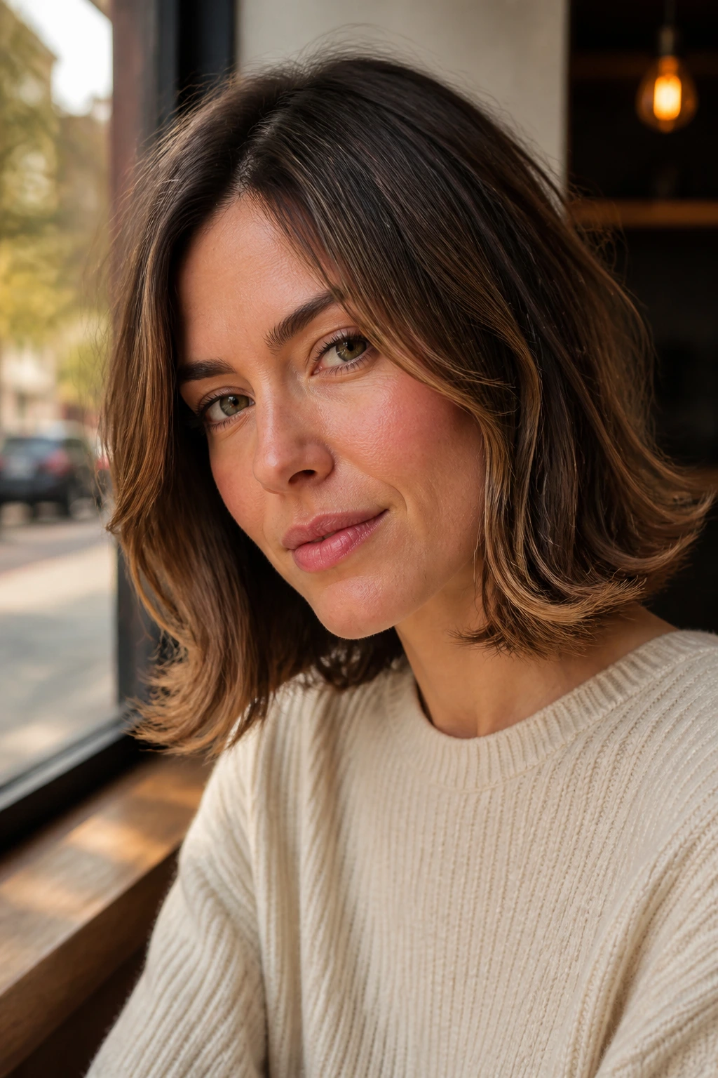 Close-up of a real woman's flipped-out ends lob with outward curling ends