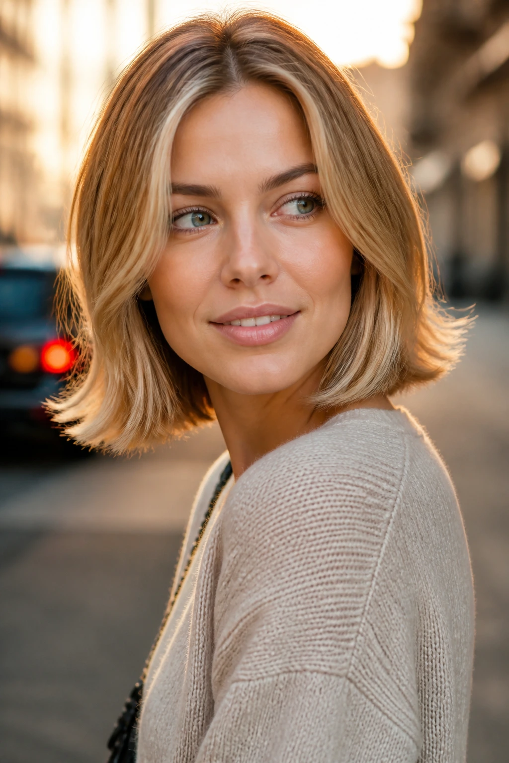 Real woman with flipped-out ends on a long bob in golden hour light