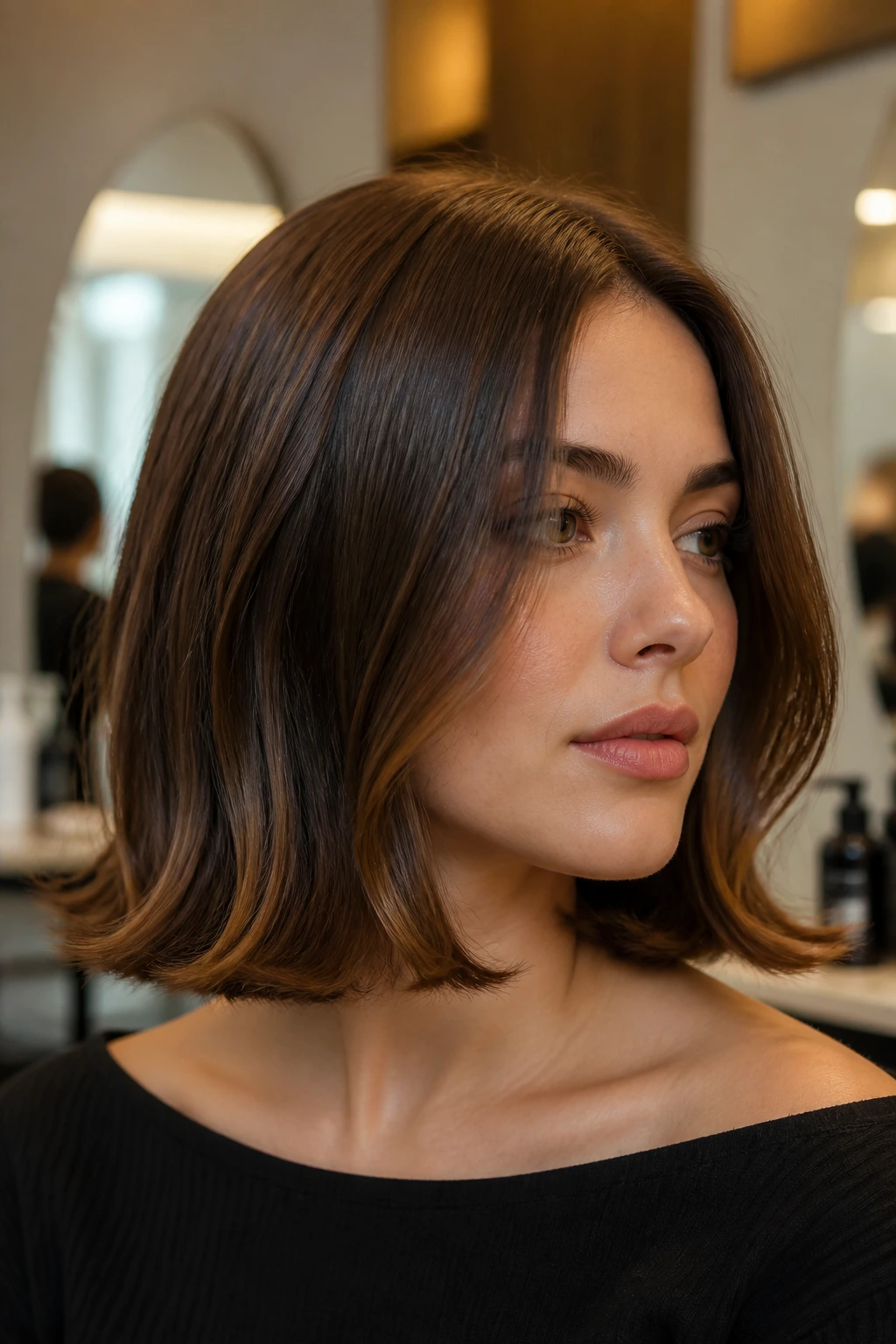 Close-up of a woman with flipped-ends lob hairstyle in a salon