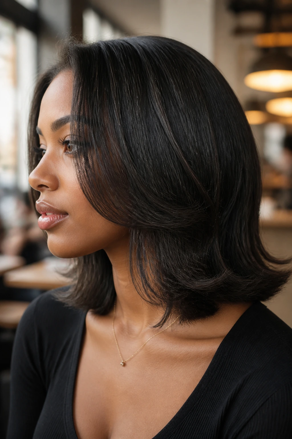 Shoulder-length flipped ends hairstyle on a real person in warm window light