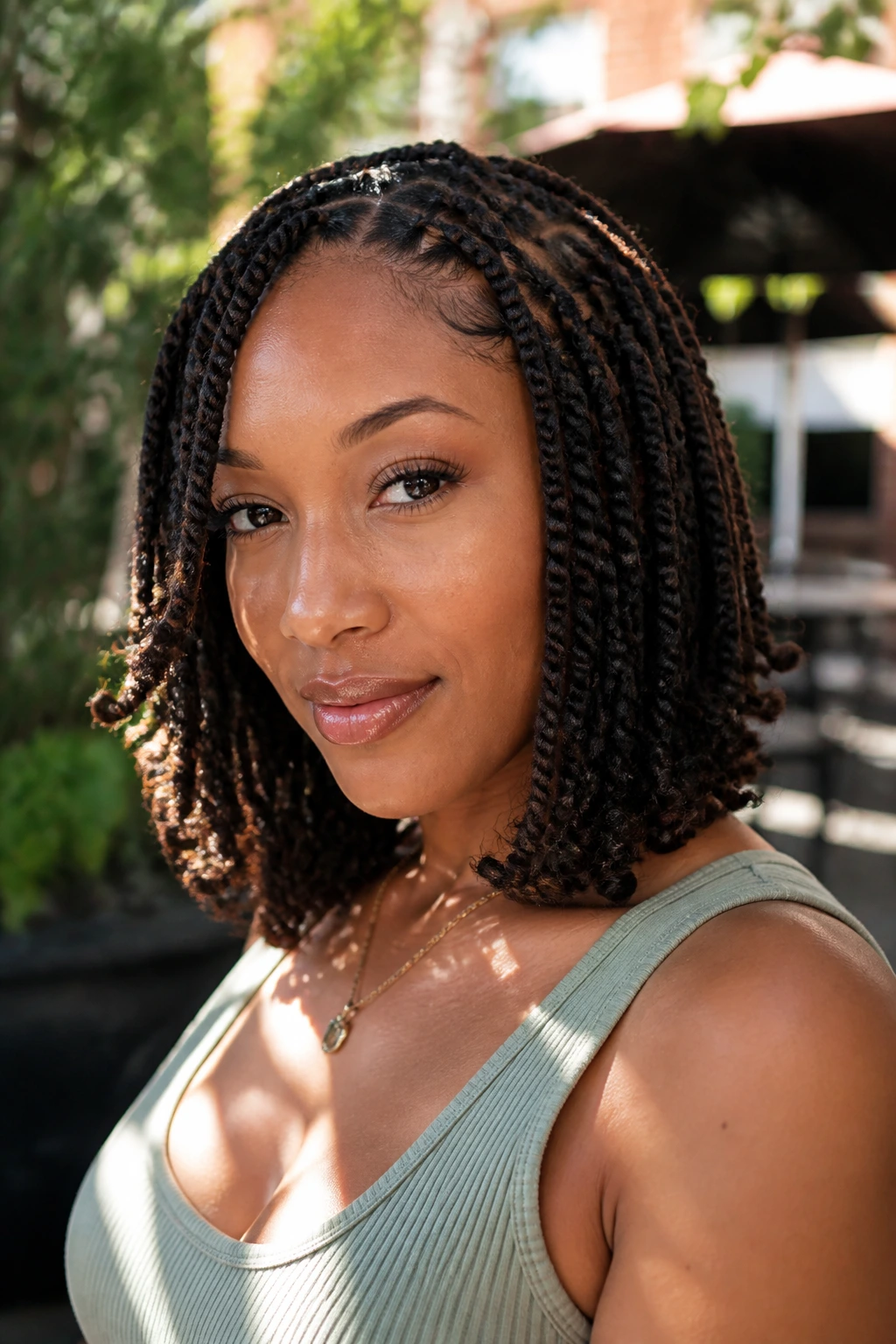 Close-up of a real woman with flipped-end twists on shoulder-length hair outdoors
