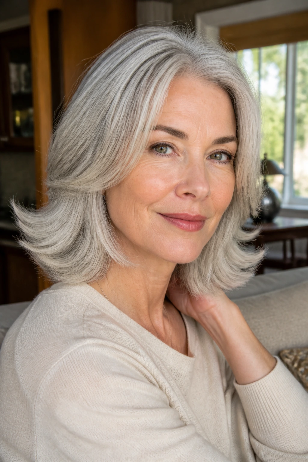 Close-up of a silver-haired woman with a flipped shoulder-length cut