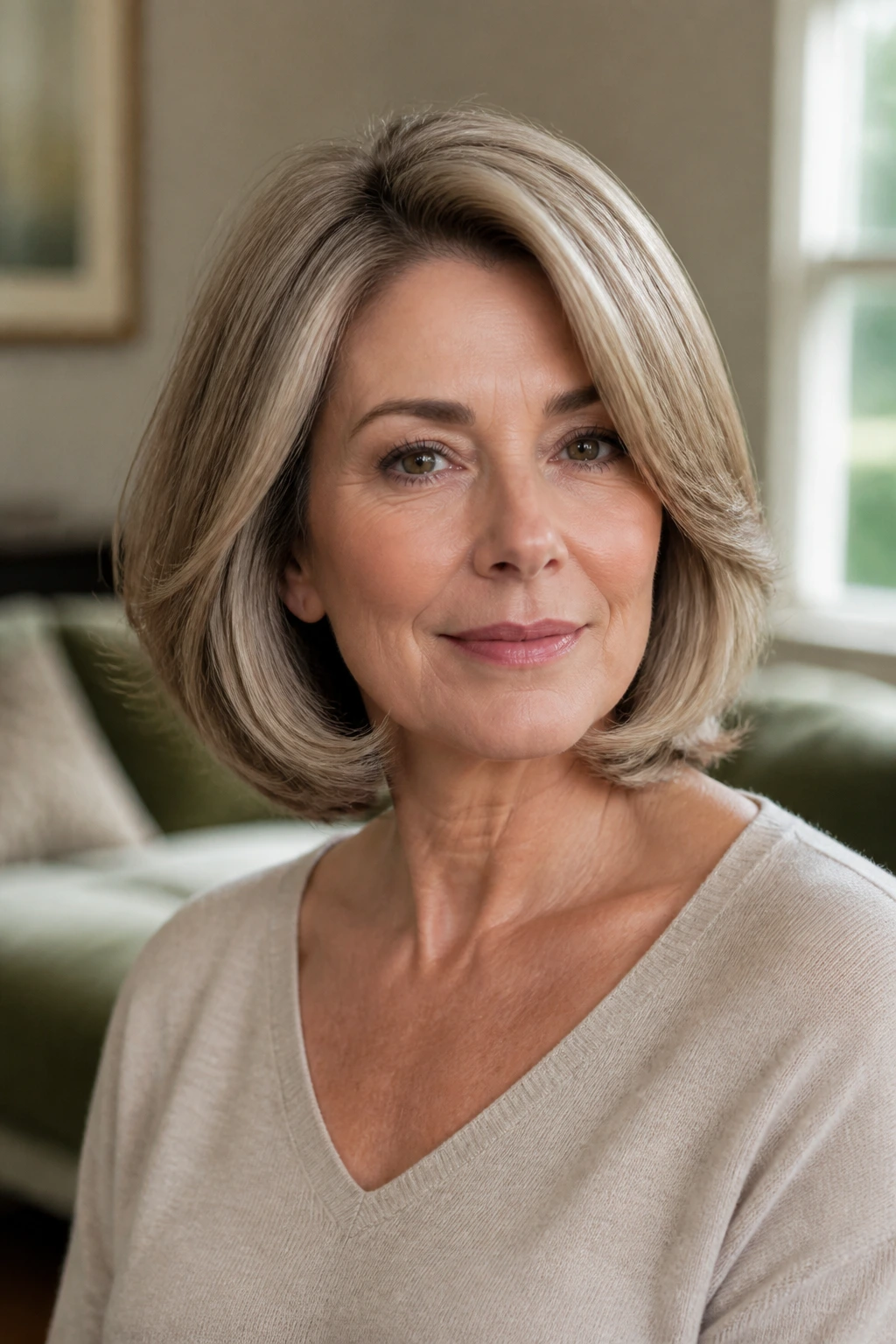 Close-up of a real woman with flipped-in layered ends for a polished edge