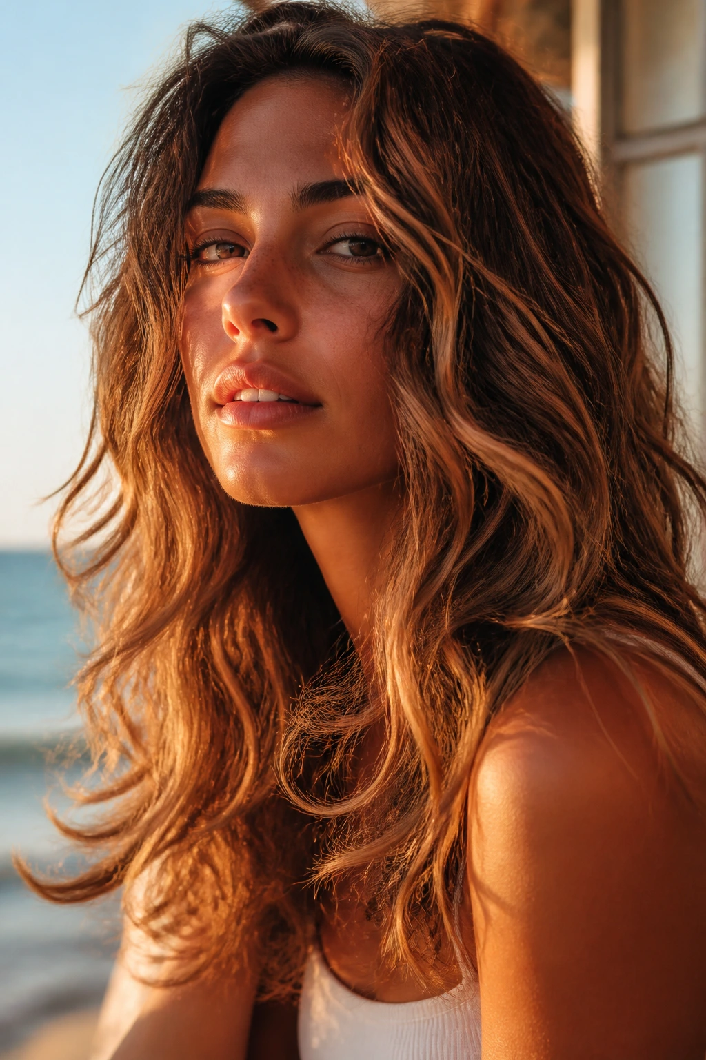 Close-up of a real woman's hair with flipped-out ends in golden hour light