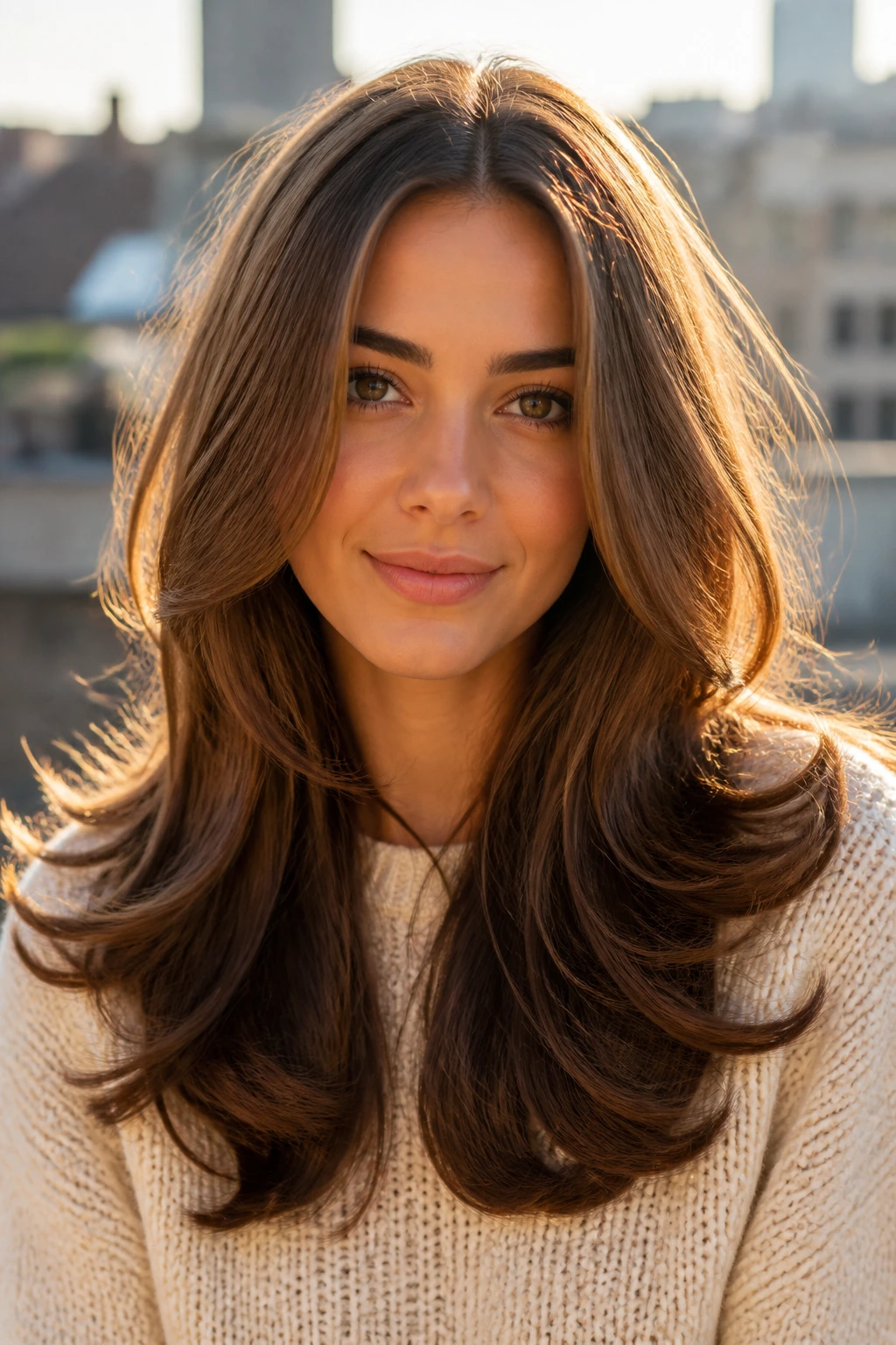 Real woman with flipped-out blowout and long layers in golden hour light