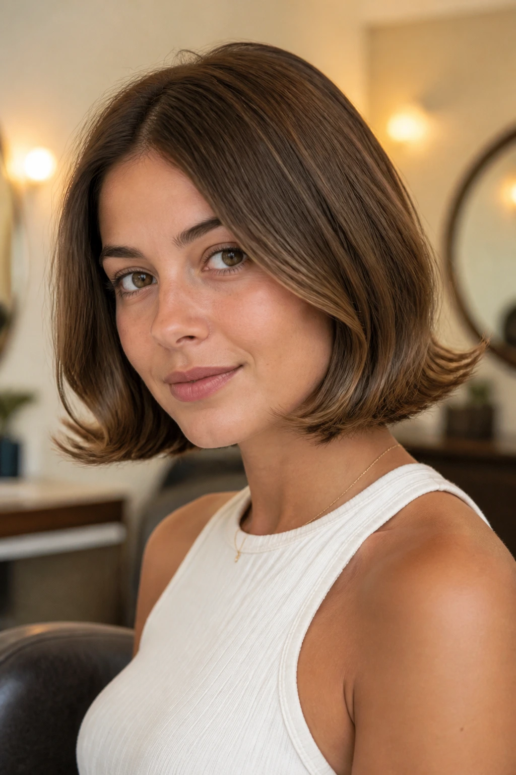 Close-up portrait of a woman with a flipped-out bob hairstyle.