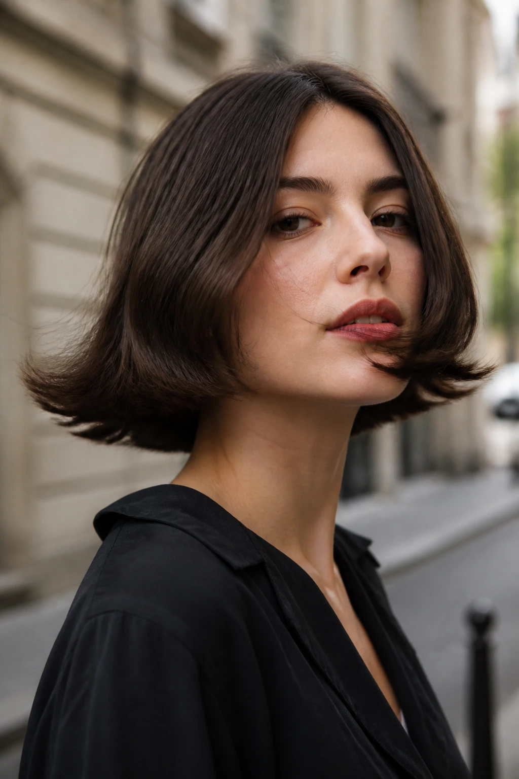 Close-up portrait of a real woman with flipped-out 90s bob in daylight