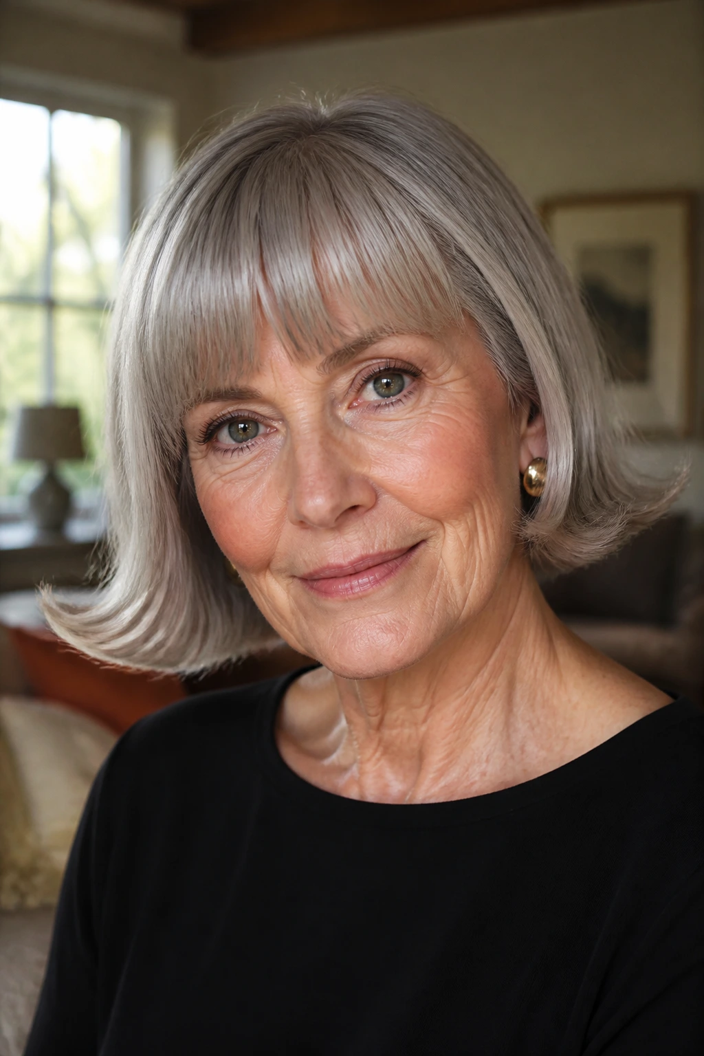 Close-up of a real woman with a flipped-out sixties bob, outward jawline ends, warm daylight in a living room