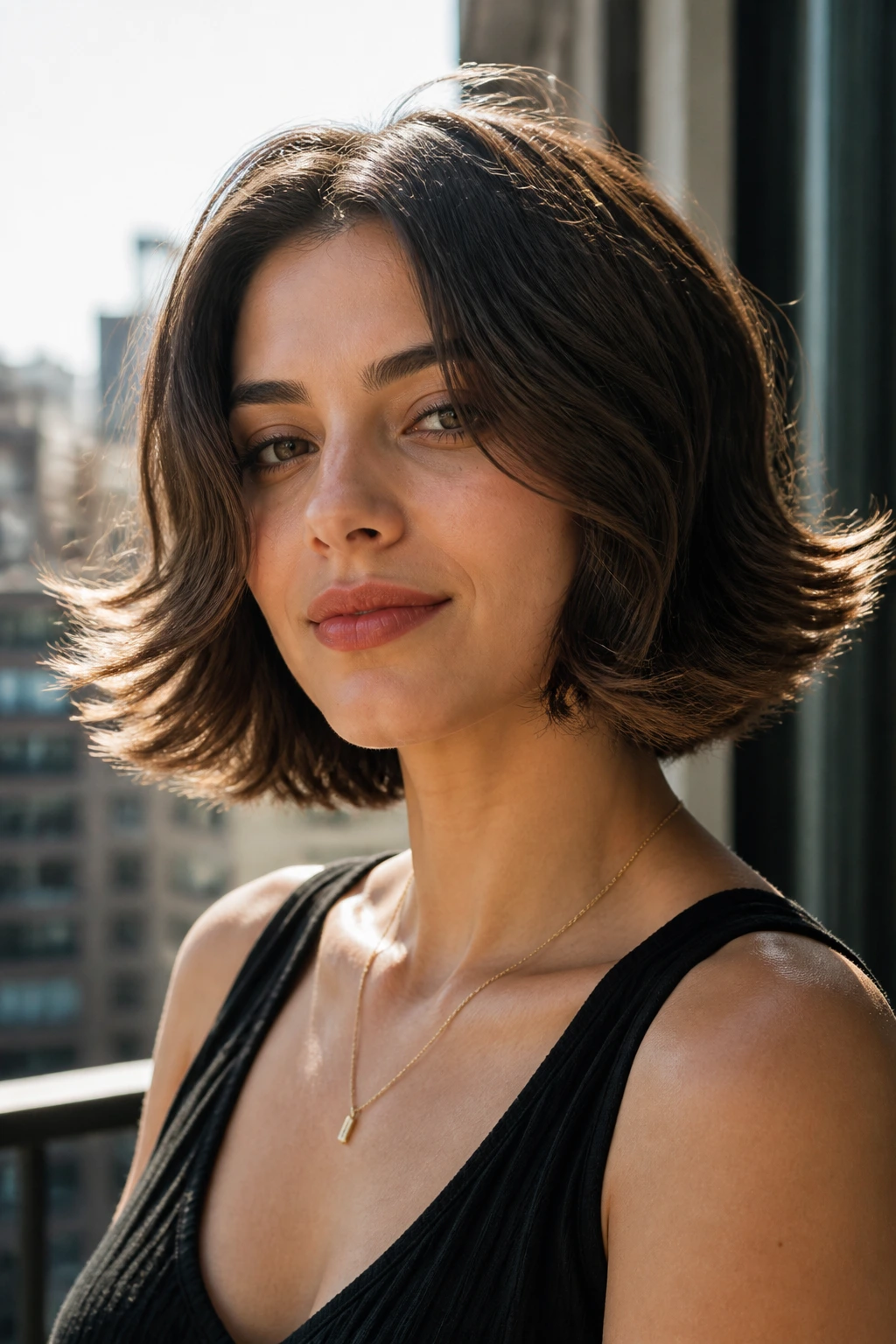 Real woman with a flipped-out wavy bob in natural light