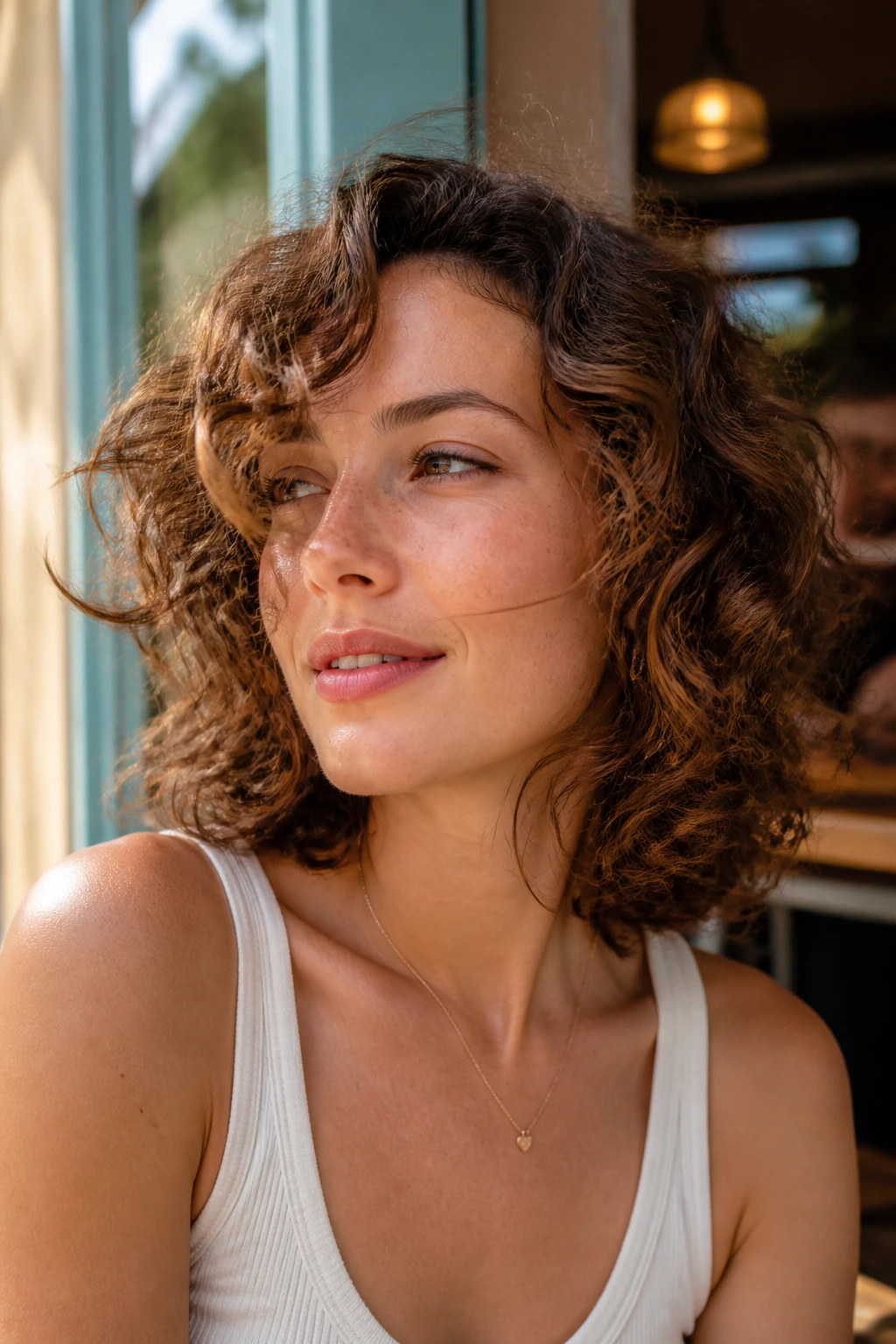 Close-up of a real woman with flipped-out curly lob