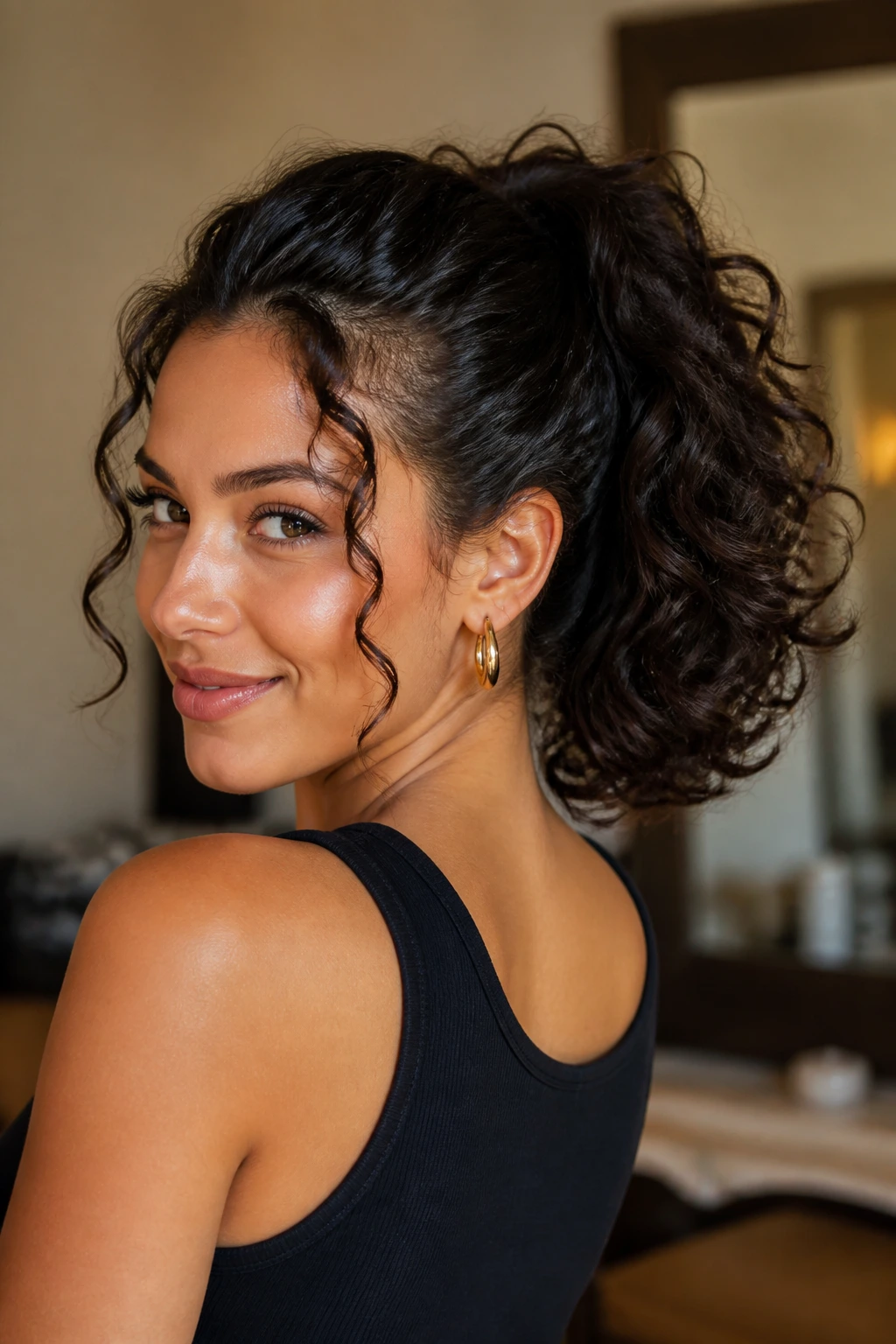 Portrait of a real woman with a flipped-out curly ponytail showing outward-end bounce