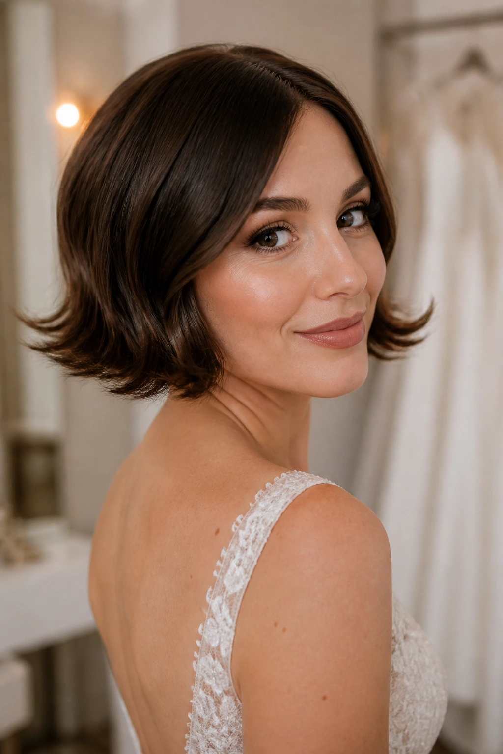 Close-up bride with flipped-out ends bob hairstyle
