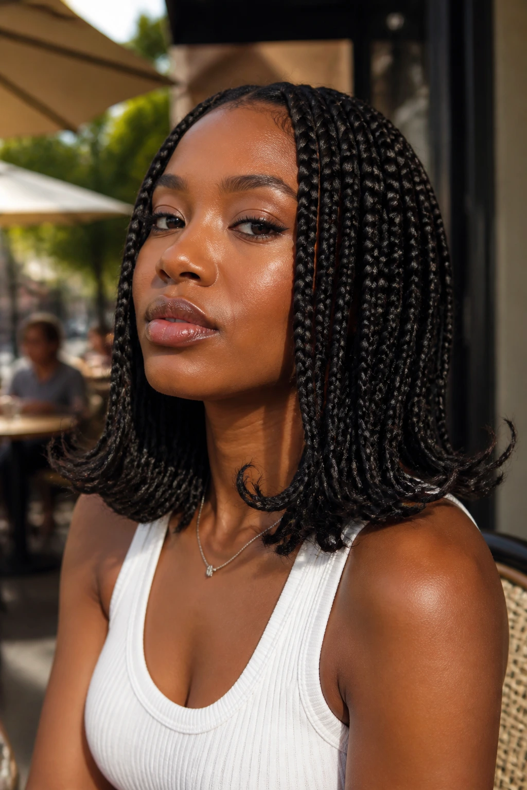 Woman with flipped-out ends box braids.