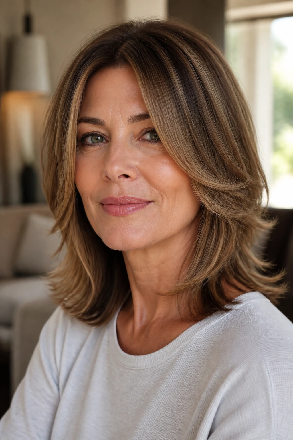 Woman with flipped-out ends and cheekbone-layered hair
