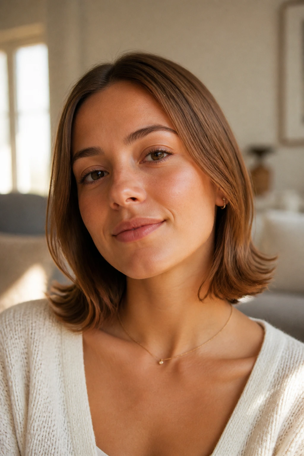 Close-up portrait of a real woman with flipped-out hair ends.
