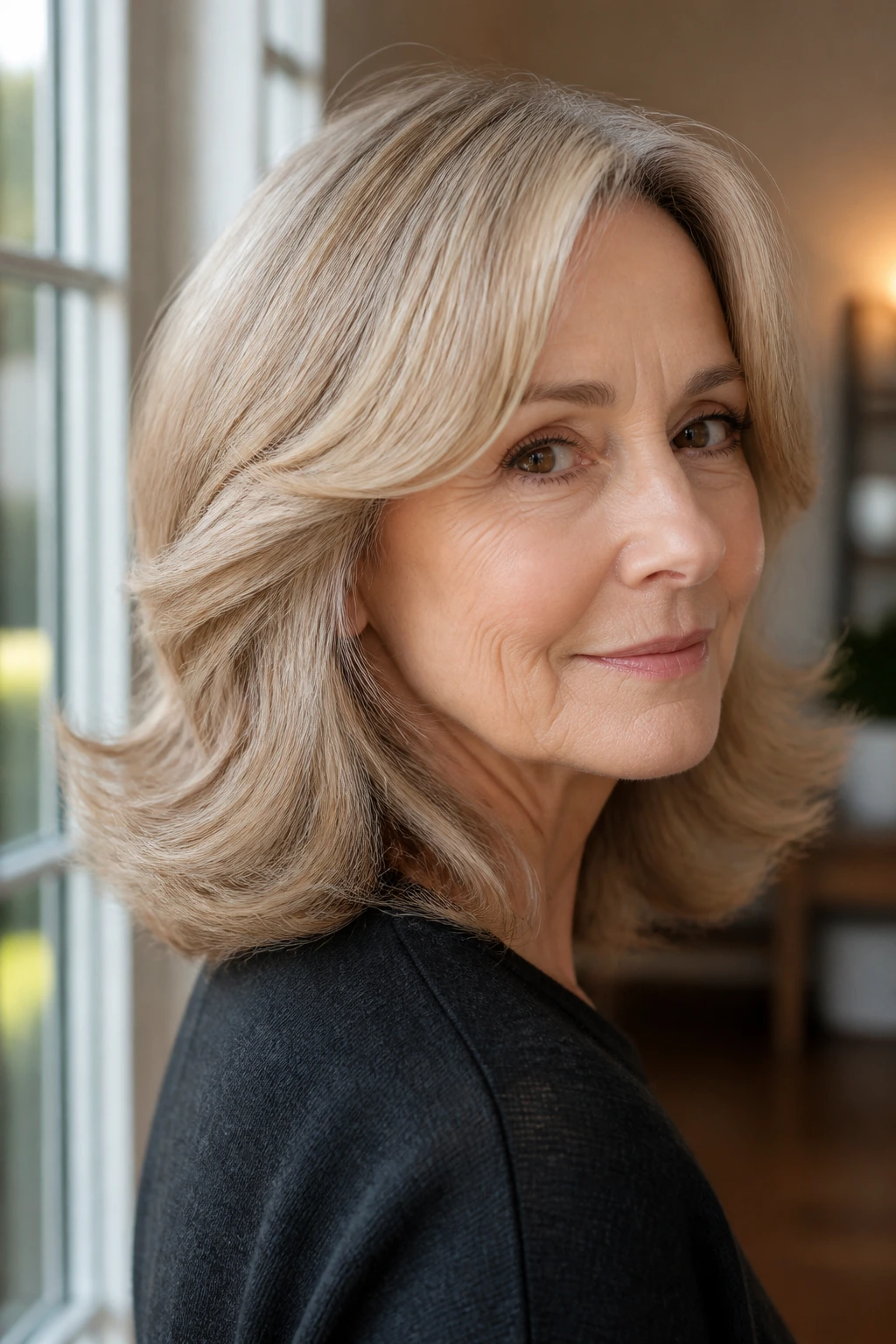Close-up of a real woman with flipped-out layered ends on medium-length hair
