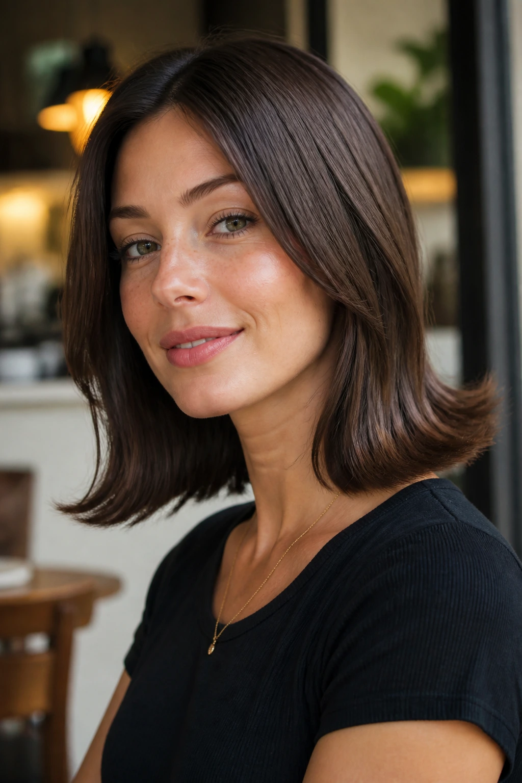 Close-up portrait of a woman with flipped-out ends lob at shoulder length, natural cafe light
