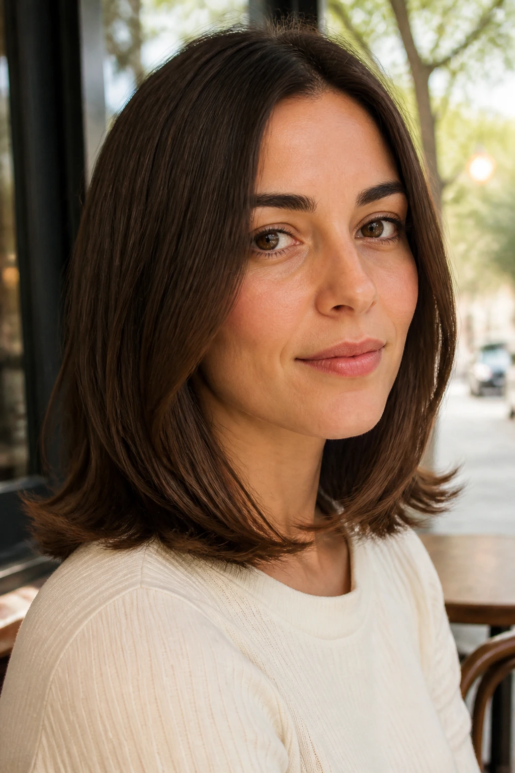 Close-up of a real person with subtle flipped-out ends on straight hair.